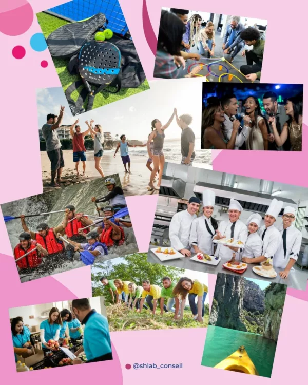 Différents visuels de team bulding sont présentés : team building sportif, culturel, culinaire, ludique, festif ...